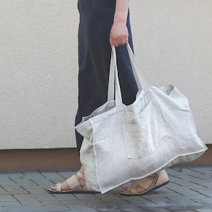 Natural Tote Bag with a Wide Pocket, Linen Beach Bag, 54x35x17 cm, Eco Friendly, Reusable, Handmade, Grocery, Colorful Bag