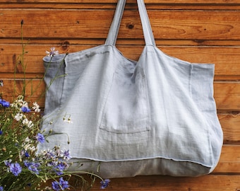 Handmade Linen Beach Tote Bag: Natural Reusable Shopping Bag