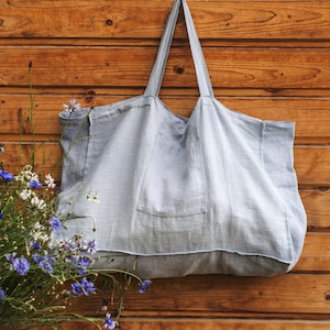 Linen Beach Bag, Natural Tote Bag with Pocket, 54x35x17 cm Eco Friendly, Handmade, Reusable, Colorful Linen Bag