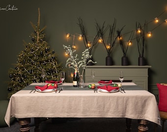 Handmade Natural Linen Christmas Tablecloth for Dining Tables, European Linen Natural Tablecloth by Linen Couture