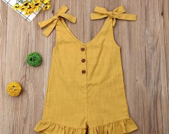 Linen Ruffled Romper: Vintage Kids Overall with Coconut Buttons