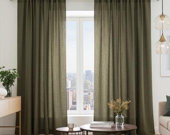 Mossgrön linnegardinpanel: Stångficka, anpassad storlek