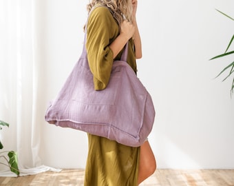 Handmade Linen Tote Bag with Zipper & Pocket: Eco-Friendly Reusable Grocery Bag