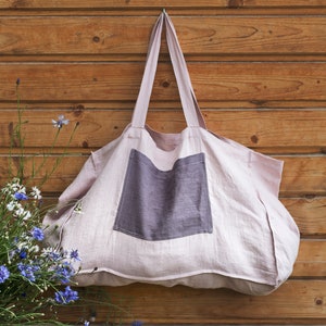 Linen Tote Bag in Various Colors, Linen Beach Bag, Natural Tote Bag with Pocket, 54x35x17 cm, Eco Friendly, Handmade, Reusable Linen Bag