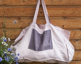 Handmade Linen Tote Bag: Natural Beach Bag with Pocket