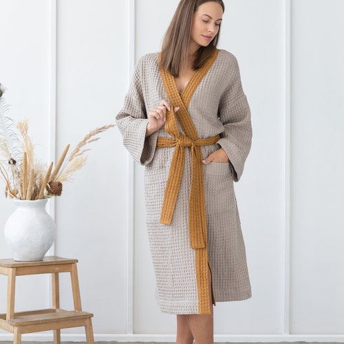 Light Grey Waffle Linen Bathrobe with Contrast Details, Linen Spa shops Robe, Luxury Bathrobe, Classic Sauna Robe, Kimono Bathrobe, Unisex, bw3