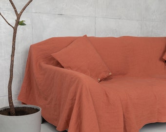 Reddish brown linen couch cover, from softened linen, extra large custom size throw, bedspread, slipcover, bed cover
