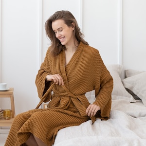 Waffle Linen Robe in Amber, Luxury Bathrobe, Linen Spa Robe, Sauna Robe, Classic Robe, Home Wear, Kimono Bathrobe, Gift for Her, for Him bw1