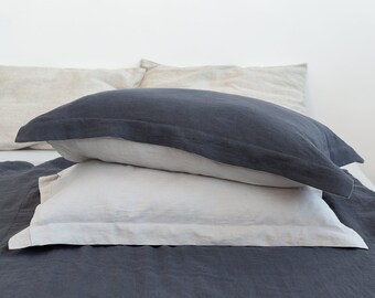 Flanged Asphalt Grey Linen Pillow Covers. Softened Sham Pillow Case. Linen Pillowcover with Flanges. Standard Custom Size Oxford Pillowcase