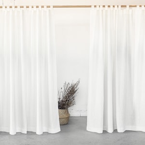 White Linen Tab Top Curtain: Custom Size Drape, Semi-Sheer
