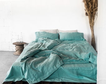 Greyish Mint Linen Zipper Bedding Set, 3 piece. Includes Duvet Cover, Flat Bed Sheet and Pillowcases. Double, Queen, King, Custom Size