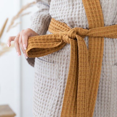 Light Grey Waffle Linen Bathrobe with Contrast Details, Linen Spa shops Robe, Luxury Bathrobe, Classic Sauna Robe, Kimono Bathrobe, Unisex, bw3