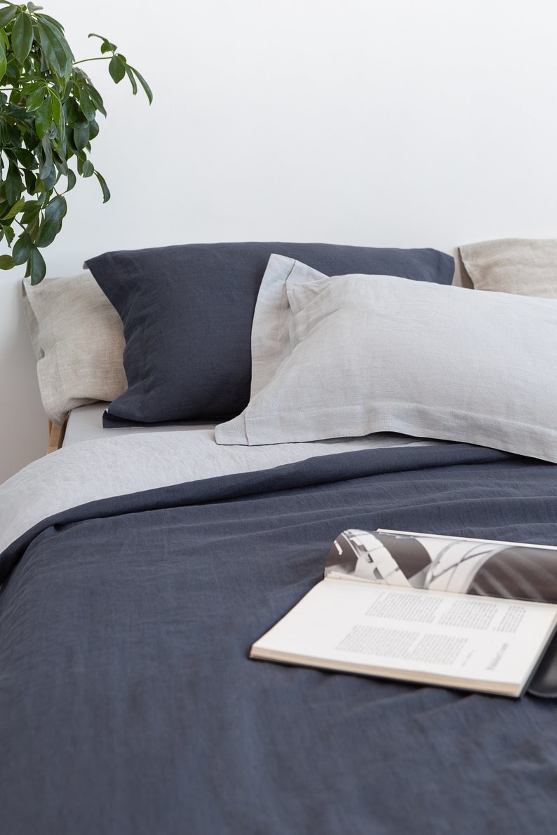 Flanged Asphalt Grey Linen Pillow Covers. Softened Sham Pillow Case. Linen Pillowcover with Flanges. Standard Custom Size Oxford Pillowcase image 2