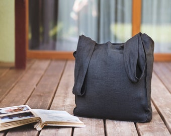 Sac fourre-tout en lin noir : sac à provisions réutilisable fait main avec poche