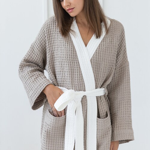 Light Grey Waffle Linen Bathrobe with Contrast Details, Linen Spa Robe, Luxury Bathrobe, shops Classic Sauna Robe, Kimono Bathrobe, Unisex, bw3