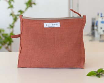 Large Linen Cosmetic Bag: Reddish Brown Toiletry Organizer