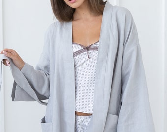 Light Grey Linen Kimono Robe: Unisex Spa Bathrobe