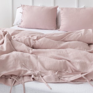 Pale Pink Linen Duvet Cover with Ties: Softened Stonewashed Bedding