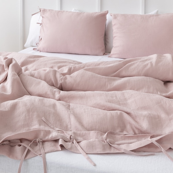 Pale Pink Linen Duvet Cover with Ties. Softened Linen Duvet Cover with Bow Ties. Standard, Double, Queen, King, Custom Sizes.