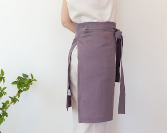 Linen Waist Apron with Pockets: Pastel Plum Kitchen Apron