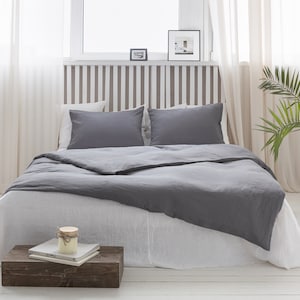 Grey Linen Bedding Set: Stonewashed Duvet Cover, Flat Sheet & Pillowcases