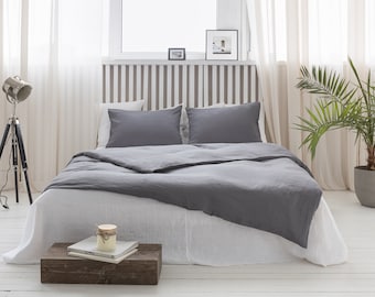 Grey Linen Bedding Set: Stonewashed Duvet Cover, Flat Sheet & Pillowcases