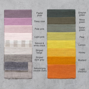 May include: A collection of fabric swatches in various colors and patterns, including pastel plum, deep rose, pale pink, light pink, natural and white check, striped beige, striped dark grey, natural/grey (double cloth), greyish green, moss green, safari green, pear, lemon, honey, mustard, and light chestnut.