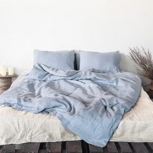 Ice Blue Linen Bedding Set: Duvet Cover, Sheet & Pillowcases