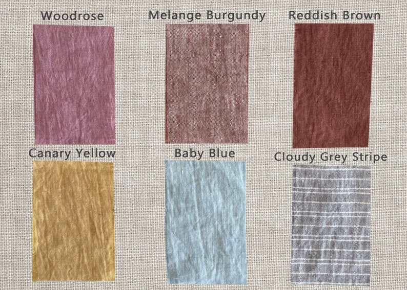 May include: Six fabric swatches in different colors and patterns. The swatches are labeled "Woodrose", "Melange Burgundy", "Reddish Brown", "Canary Yellow", "Baby Blue", and "Cloudy Grey Stripe".