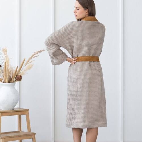 Light Grey Waffle Linen Bathrobe with Contrast Details, Linen Spa shops Robe, Luxury Bathrobe, Classic Sauna Robe, Kimono Bathrobe, Unisex, bw3