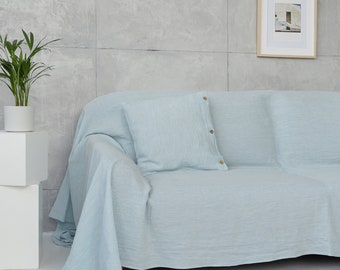 Baby blue linen couch cover, from softened linen, extra large custom size throw, bedspread, slipcover, bed cover