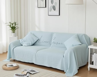 Natural Baby Blue Linen Sofa Cover: Stonewashed European Linen Slipcover