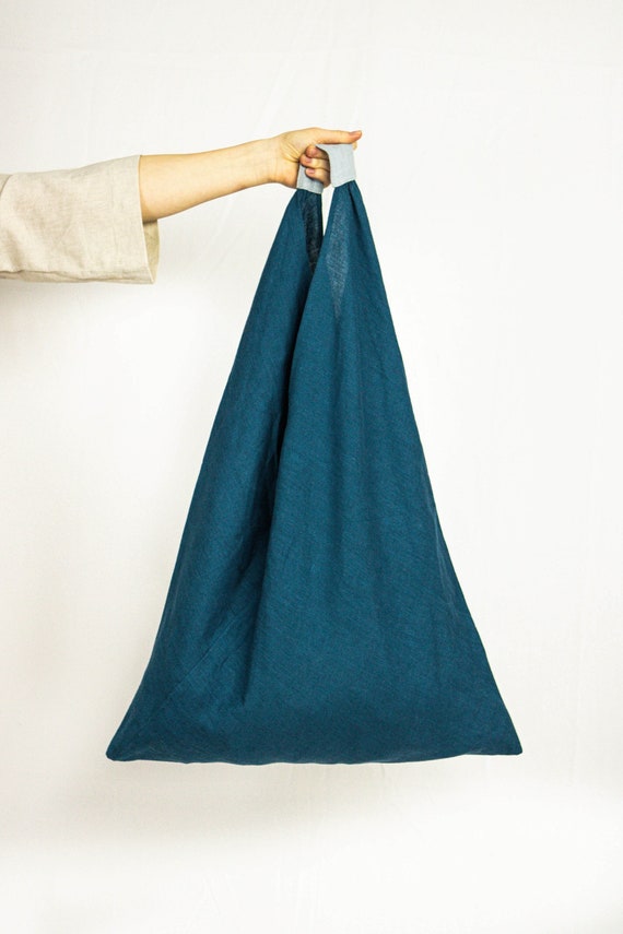 Dark Sea Blue Linen Triangle Bag: Handmade Reusable Shopping Tote