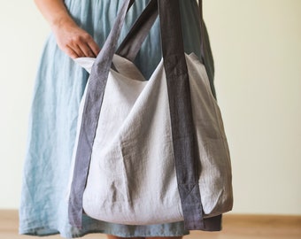 Large Linen Tote Bag with Stylish Details in various colors, Linen Beach Bag, Natural Tote Bag, Handmade Eco Bag