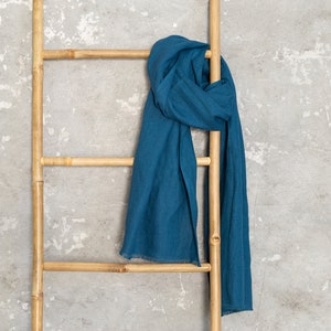 Dark Sea Blue Linen Scarf: Softened Prewashed Linen Shawl with Fringes