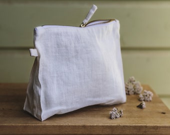 White Linen Cosmetic Bag: Handmade Zipper Pouch