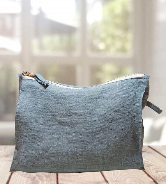 Greyish Mint Linen Cosmetic Bag: Handmade Zipper Pouch