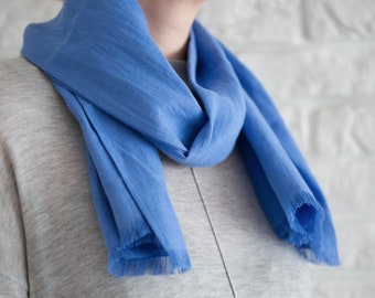 Cornflower Blue Linen Scarf with Tassels: Softened Lightweight Wrap