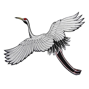 May include: White embroidered crane with red beak and black and red legs in flight. The crane is a symbol of good luck and longevity in Japanese culture.