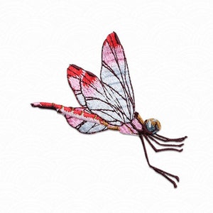 May include: A pink and white dragonfly with brown legs and a blue eye. The dragonfly is in flight with its wings spread out.