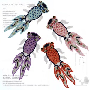 May include: Four embroidered gold fish patches in different colors: blue, pink, purple, and red. The fish have detailed scales and fins. The patches are perfect for adding a touch of Asian-inspired style to clothing, bags, or home decor.