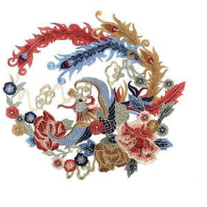 May include: Embroidered patch featuring a colorful phoenix with intricate details. The phoenix is surrounded by flowers, leaves, and clouds. The patch is perfect for adding a touch of Asian-inspired style to clothing, bags, or home decor.