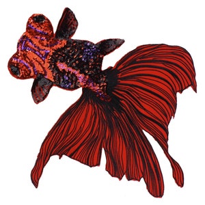 May include: Red and black sequined goldfish applique with a large, flowing tail. The fish is made of sequins and has a detailed design.