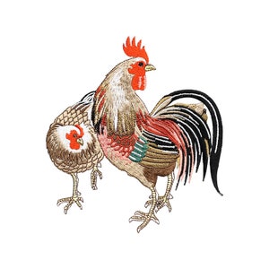 May include: Embroidered patch featuring a rooster and hen. The rooster is brown, red, and black with a large, red comb. The hen is brown and white. Both birds have detailed embroidery.
