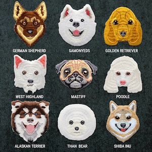 May include: Nine embroidered dog breed patches, each featuring a different breed. The patches are white, brown, beige, and yellow. The breeds include German Shepherd, Samoyed, Golden Retriever, West Highland, Mastiff, Poodle, Alaskan Terrier, Than Bear, and Shiba Inu.