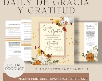 May include: Printable 30-day journal with a floral design and gold accents. The journal is titled "Gracia & Gratitud" and features a plan for daily scripture reading and reflection. The text is in Spanish.