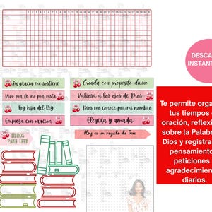 May include: A digital planner with a grid for tracking, inspirational quotes, and a section for reading lists. Includes a pink circle with the text "DESCARGA INSTANT&Aacute;NEA" and a red rectangle with Spanish text.