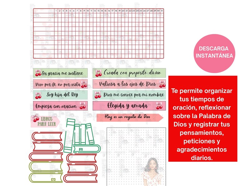 May include: A digital planner with a grid for tracking, inspirational quotes, and a section for reading lists. Includes a pink circle with the text "DESCARGA INSTANT&Aacute;NEA" and a red rectangle with Spanish text.