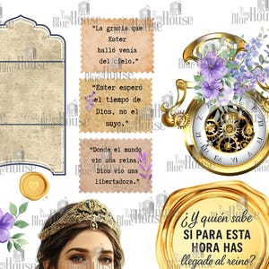 May include: Digital art featuring a gold-toned clock with purple flowers, a woman wearing a crown, and text in Spanish. The clock has Roman numerals and visible gears. Additional elements include a decorative frame and a wax seal.