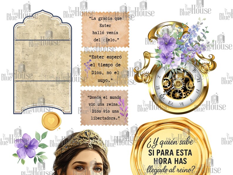 May include: Digital art featuring a gold-toned clock with purple flowers, a woman wearing a crown, and text in Spanish. The clock has Roman numerals and visible gears. Additional elements include a decorative frame and a wax seal.